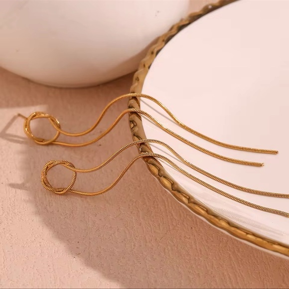 ◾️18k Gold Plated Circular Wire Snake Two Long Tassel Earrings - Picture 5 of 6